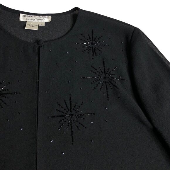 Adrianna Papell Evening Essentials Cardigan Womens Large Black Sheer Beaded Top - Picture 3 of 16